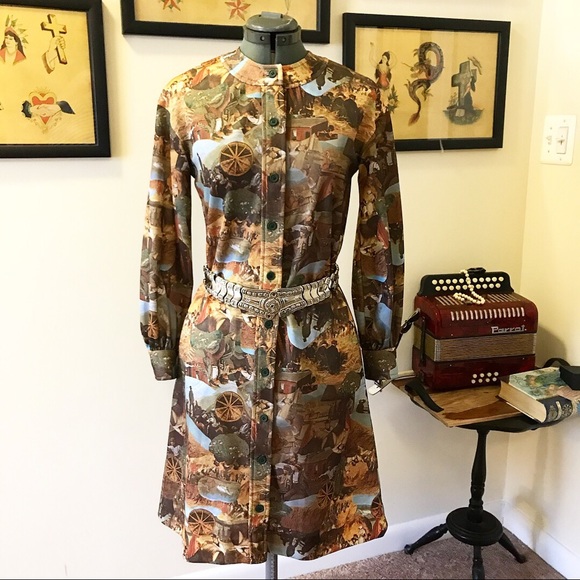 Vintage Dresses & Skirts - Vintage novelty Prairie print shirt dress